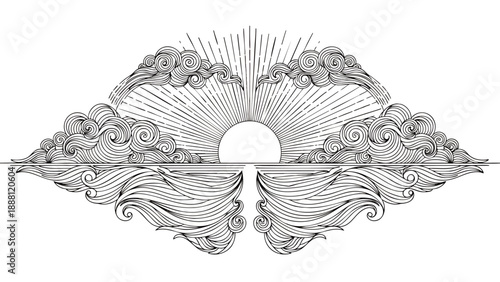 Intricate black and white illustration of a stylized sun with ornate clouds.