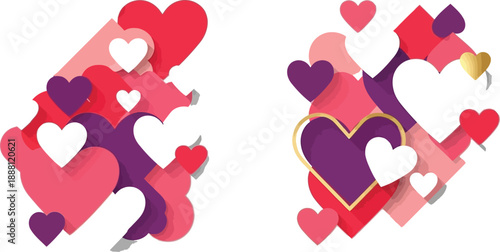 A colorful illustration of multiple hearts in various shades of pink, purple, and white on a white background