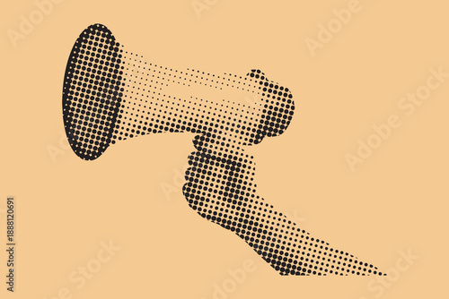 Black Halftone Megaphone in Hand Illustration on Beige Background Representing Communication, Marketing and Announcement Concept