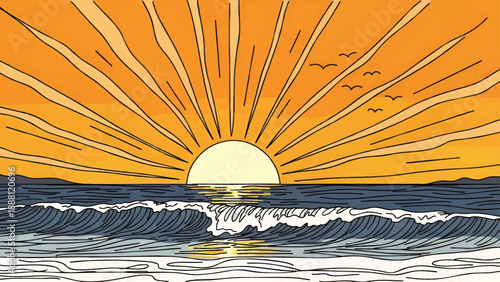 Vibrant ocean waves crashing against the shore at sunset.