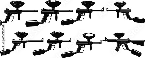 Professional paintball marker and gun silhouette collection featuring various tactical equipment designs for extreme sports team logos and tournament branding vector elements.