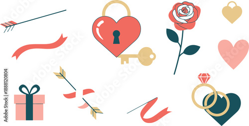 A collection of romantic icons and symbols for Valentine's Day or love-themed designs