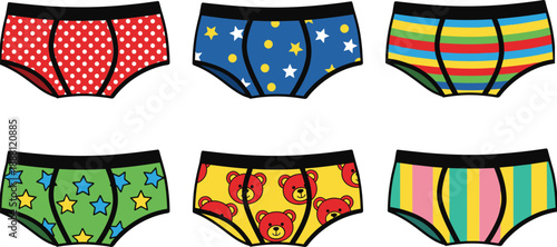 Colorful cartoon underwear with various patterns polka dots