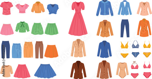 Colorful clothing collection shirts skirts pants dresses jackets