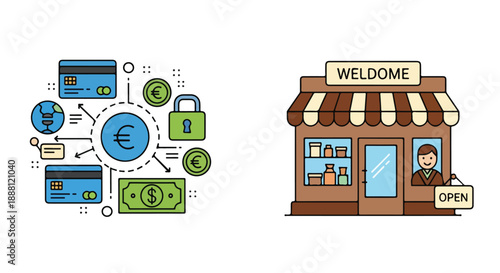 E-commerce Payment Security Concept and Small Local Retail Shop Storefront Vector Illustration