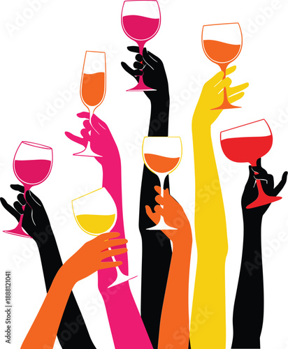 Colorful hands holding wine glasses drink