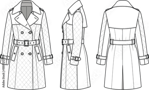 Quilted trench coat front and back views quilted coat fashion clothing belted coat