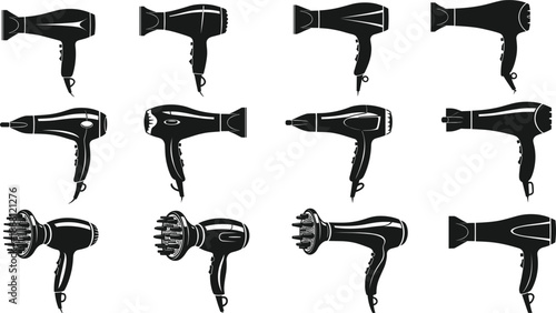 Professional hair dryer silhouette collection featuring various blow dryer designs and salon equipment icons isolated on white background for beauty fashion design.