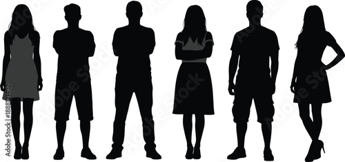 Six people silhouettes in various poses and outfits black white background standing