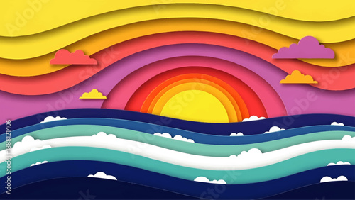 Vibrant Paper Cut Out Sunset over Ocean Waves.