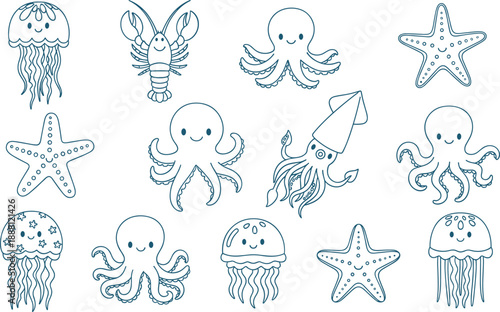 Smiling sea creatures ocean animals cartoon smiling faces jellyfish starfish