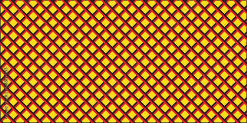 Geometric diamond grid pattern with diagonal cross lines. Abstract repeating background in yellow and red colors. Lattice texture for textile, wrapping paper, poster, and graphic design.