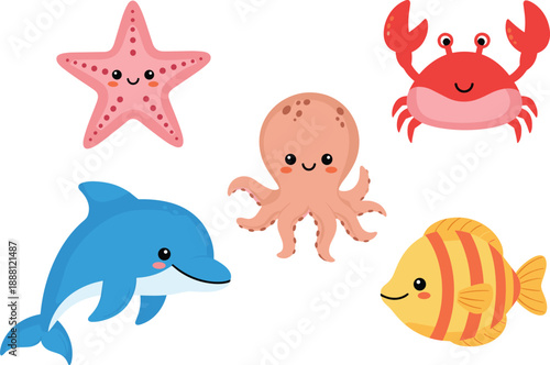 Smiling sea creatures starfish crab octopus dolphin fish