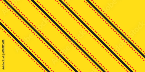 Geometric diagonal line pattern with red dotted details. Abstract repeating background in yellow, black, and red colors. Modern decorative texture for textile and surface design.