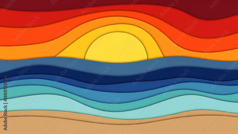 Fototapeta premium Vibrant abstract landscape with layered colors and wavy patterns.