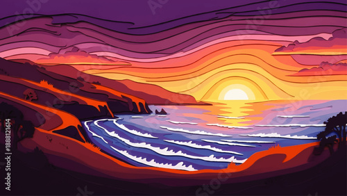 Vibrant Sunset Over Ocean Waves Illustration.