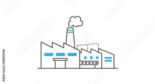 Modern Line Art Factory Icon Vector Illustration with Smokestack and Conveyor Belt