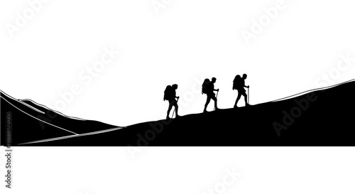 hikers climbing mountain uphill with trekking poles a black and white graphic illustrating outdoor adventure challenge and journey