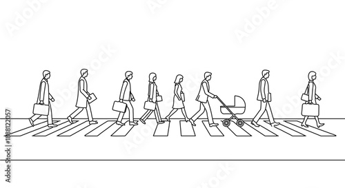 people walking crosswalk with diverse business people and a parent pushing a stroller on an urban street illustrating daily life.