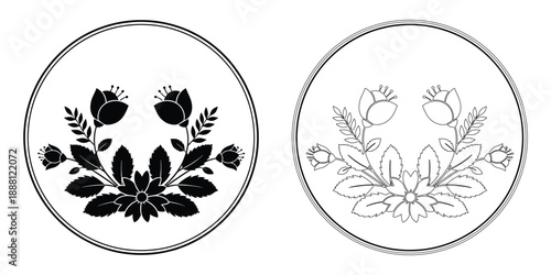 Symmetrical vector illustration of a stylized floral arrangement inside a circular frame available in solid fill and outline styles graphic element