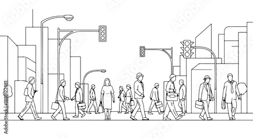 urban street scene illustration depicting business people walking in a modern city during their daily commute perfect for corporate and lifestyle graphic designs