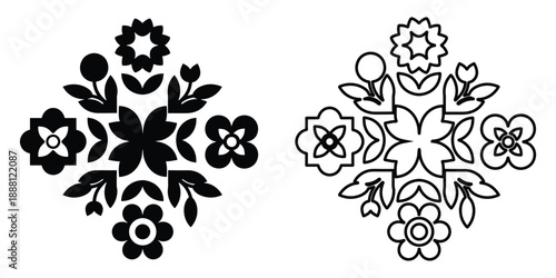 Vector illustration showcasing a symmetrical folk art floral pattern composed of various stylized blossoms available in solid fill and outline styles