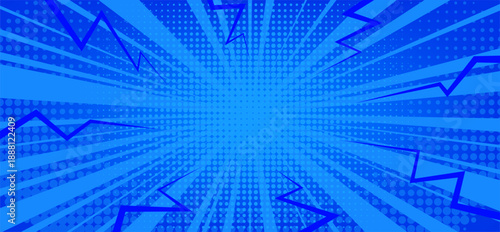Dynamic comic book background with radial speed lines. Manga frame with halftone dot pattern and bolt sign vector background