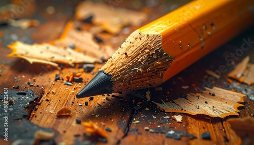 A close-up view of a sharpened writing tool with its graphite tip pointing down. Surrounding it are shavings and bits