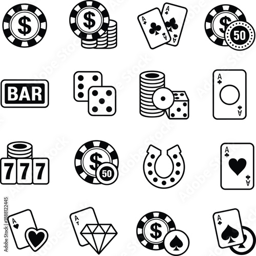 Casino gambling icons illustration with poker chips, playing cards, dice, slot machine, roulette, horseshoe, diamond, black and white artwork