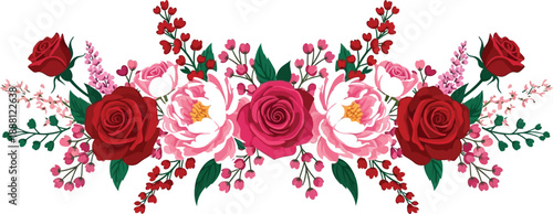 A vibrant floral arrangement of roses and peonies in shades of pink and red on a white background