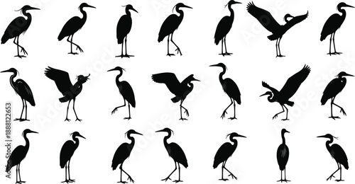 Large collection of heron and crane silhouettes in various standing and flying poses featuring long neck wading birds isolated on white background.