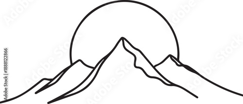 Minimalist line art depicts mountains and a rising or setting sun