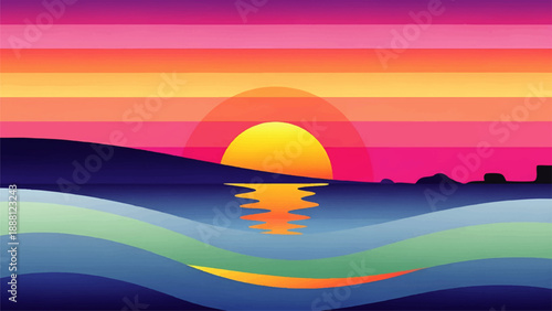 Vibrant Sunset over the Ocean with Silhouette of Land.