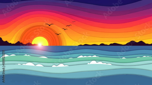 Vibrant Sunset over Ocean Waves with Flying Birds.