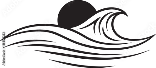 Stylized black and white illustration of a wave with a rising sun