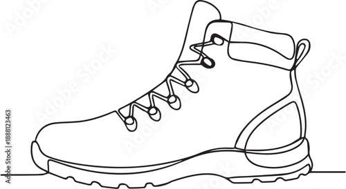 A single line drawing depicts a high top hiking boot in profile