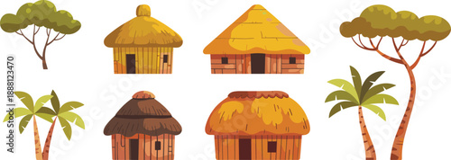 Traditional huts and trees illustration, cultural village architecture with thatched roofs, rural housing design, indigenous lifestyle reference, nature artwork