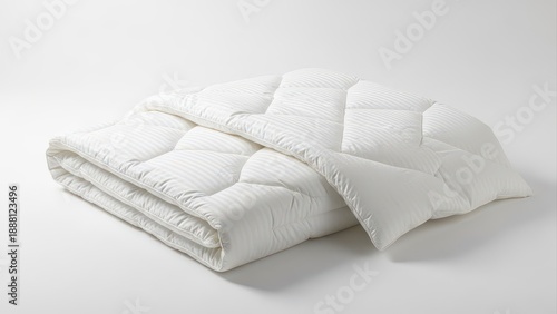 White quilted down comforter duvet with striped pattern neatly folded on white background providing soft and warm bedding for comfort
