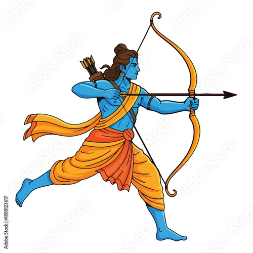 Hindu deity Lord Rama depicted in dynamic action with bow and arrow