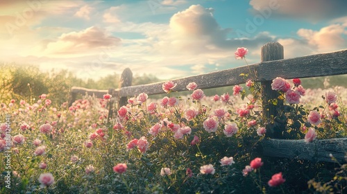 A field of pink roses blooms beside a weathered wooden fence under a cloudy sky.