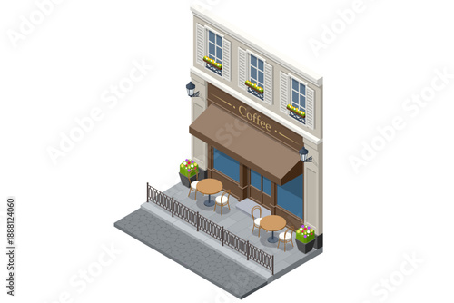 Modern coffee shop exterior. Isometric modern coffee shop building with outdoor seating. Cafe exterior for urban lifestyle, business, restaurant and city service illustration.