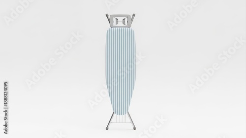 Folded ironing board with striped blue and white cover and metal legs on white background, compact home laundry accessory for clothes pressing and wrinkle removal