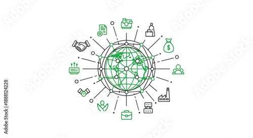 Modern Global Business and Financial Network Vector Illustration with Line Icons