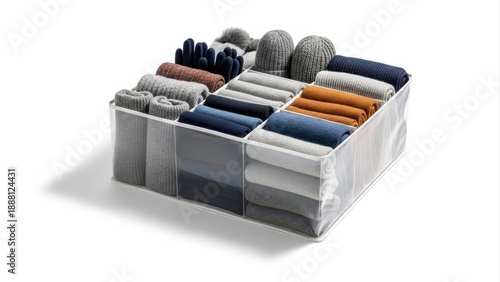 Wallpaper Mural Neatly organized drawer with folded winter apparel including sweaters, hats, and gloves, in a transparent storage container, showcasing efficient closet organization Torontodigital.ca