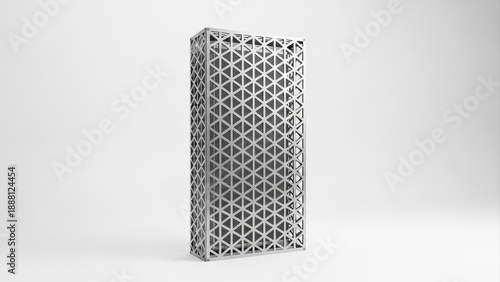 Wallpaper Mural Tall, rectangular metal structure featuring an intricate geometric pattern of triangles, presented on a stark white studio background, showcasing industrial design Torontodigital.ca