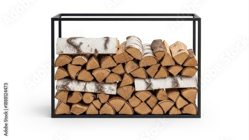 Wallpaper Mural Stacked firewood in black metal frame on white background showcasing neatly organized birch logs ready for a cozy fireplace in winter Torontodigital.ca