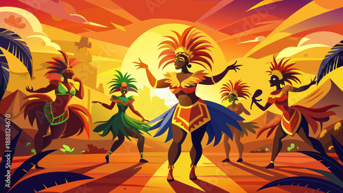 Vibrant carnival dancers celebrate with energetic moves during a stunning golden hour sunset, capturing the spirit of a tropical festival atmosphere and joyful cultural performance