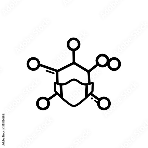 Illustration of a virus molecule wearing a face mask with circular attachments in a simple line art style