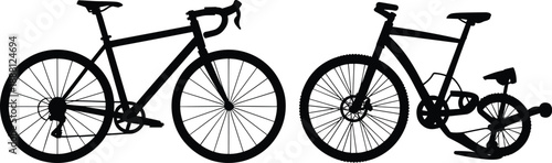 Bicycle silhouettes collection showing road bike, mountain bike and kids bicycle with training wheels, black cycling icons set isolated on white background