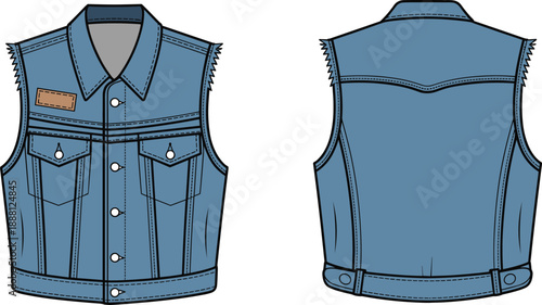 Sleeveless denim vest front and back view, button-up design, fashion sketch, garment illustration, casual wear, apparel detail, trendy style